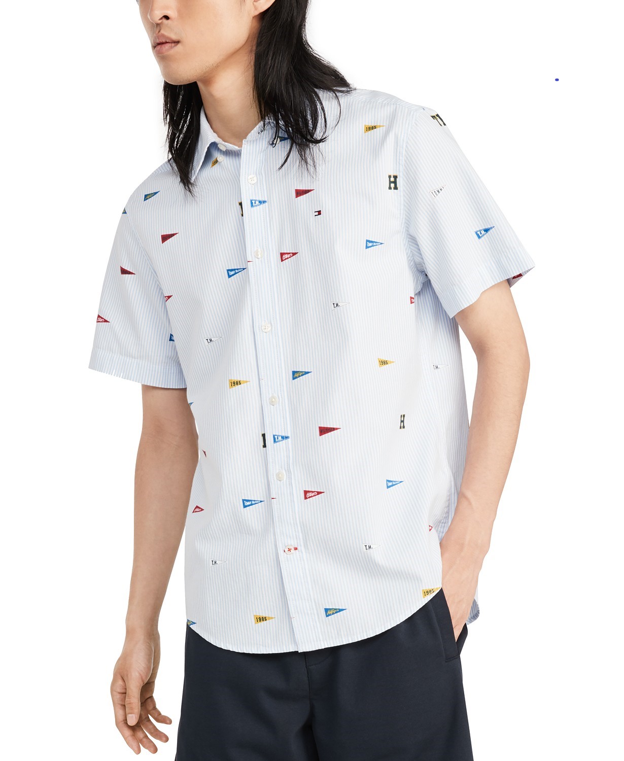 Áo sơ mi nam Tommy Hilfiger tay ngắn sọc xanh phối chữ
