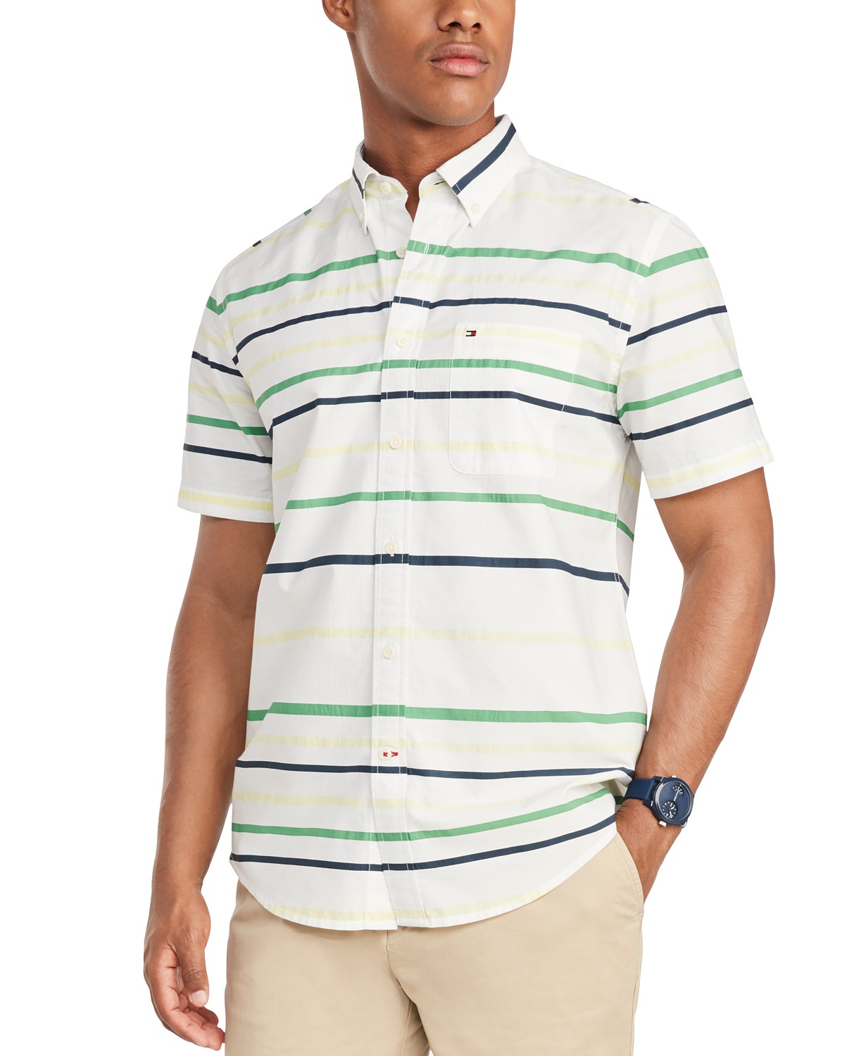 Áo sơ mi nam Tommy Hilfiger ngắn tay trắng sọc ngang xanh lá
