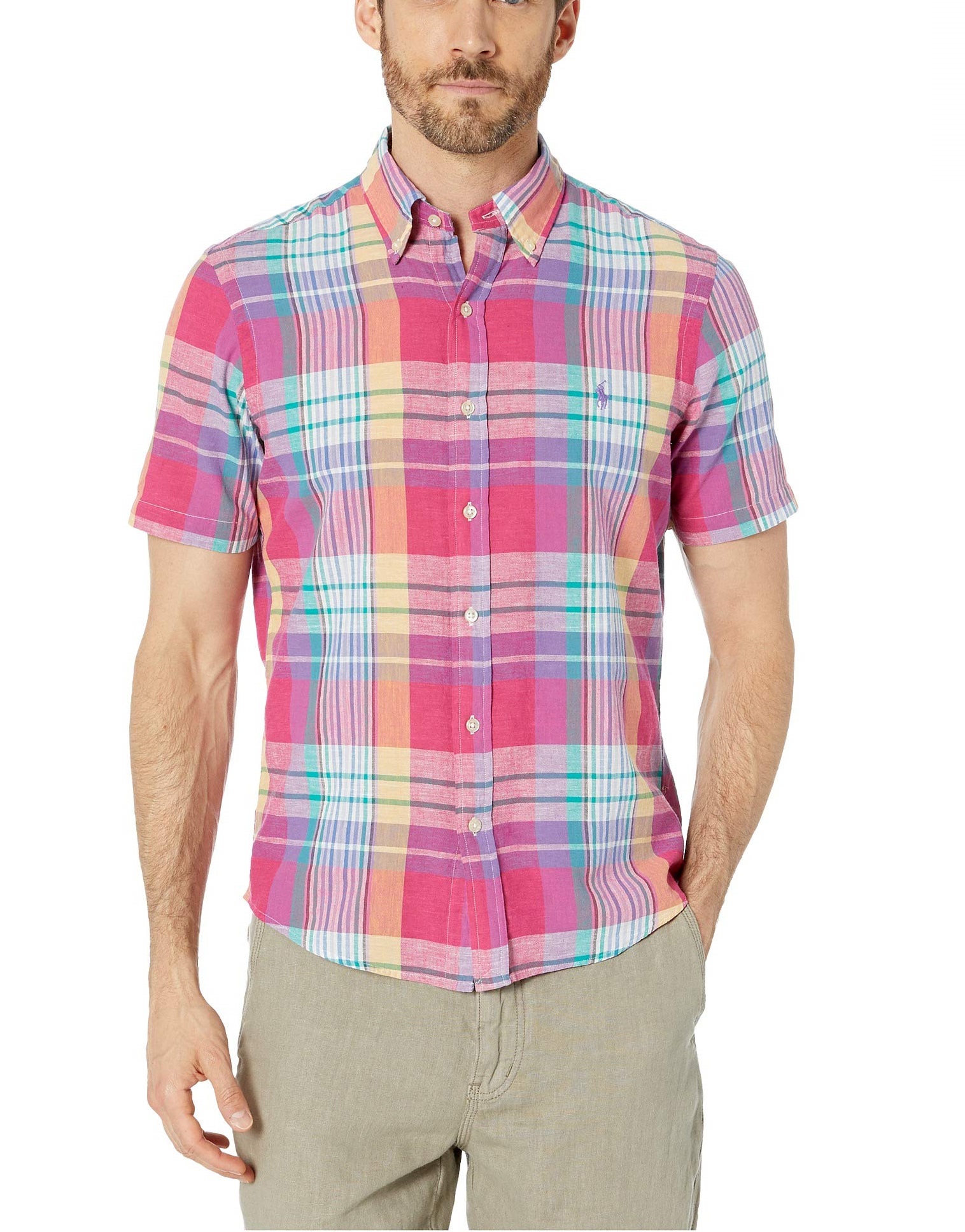 Áo sơ mi nam Polo ralph lauren ngắn tay caro đỏ gạch xanh with ngựa tím