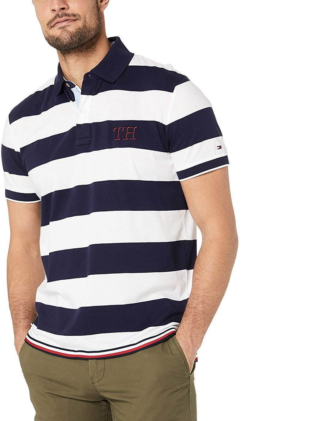 Áo thun nam Tommy Hilfiger màu trắng sọc xanh phối sọc đỏ dưới