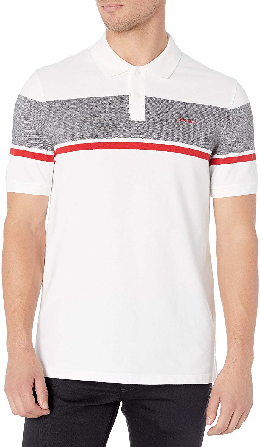 Áo thun nam calvin klein trắng phối sọc ngang ngực xám đỏ