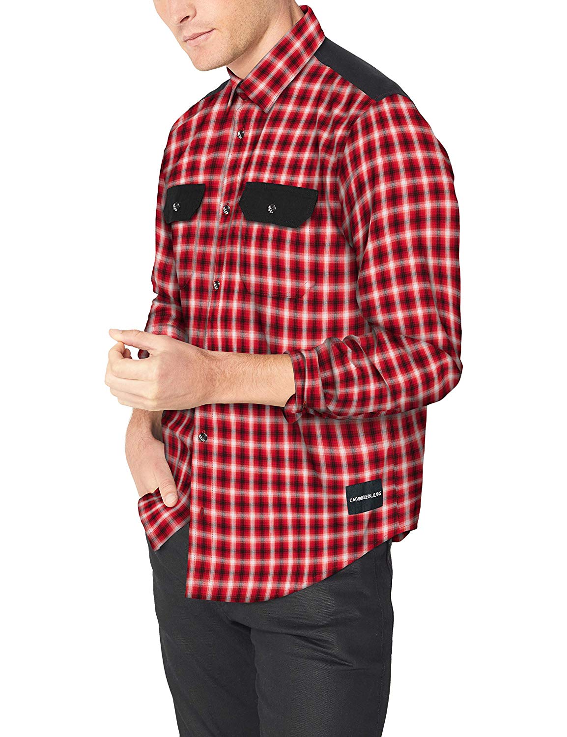 Áo sơ mi nam calvin klein Jeans tay dài caro đỏ phối đen 2 túi