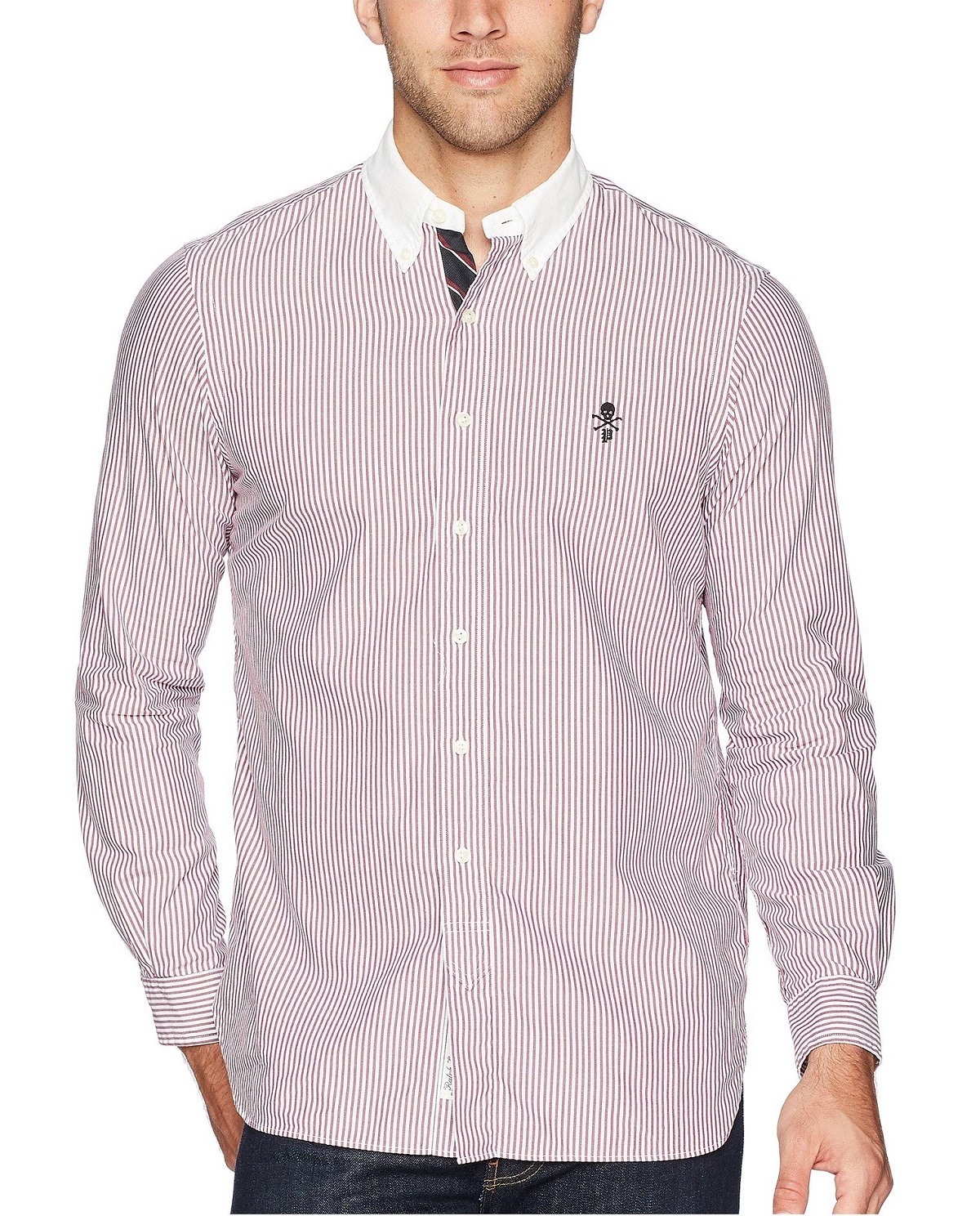 Áo sơ mi nam Polo Ralph lauren dài tay trắng sọc dọc đỏ nâu cổ phối trắng