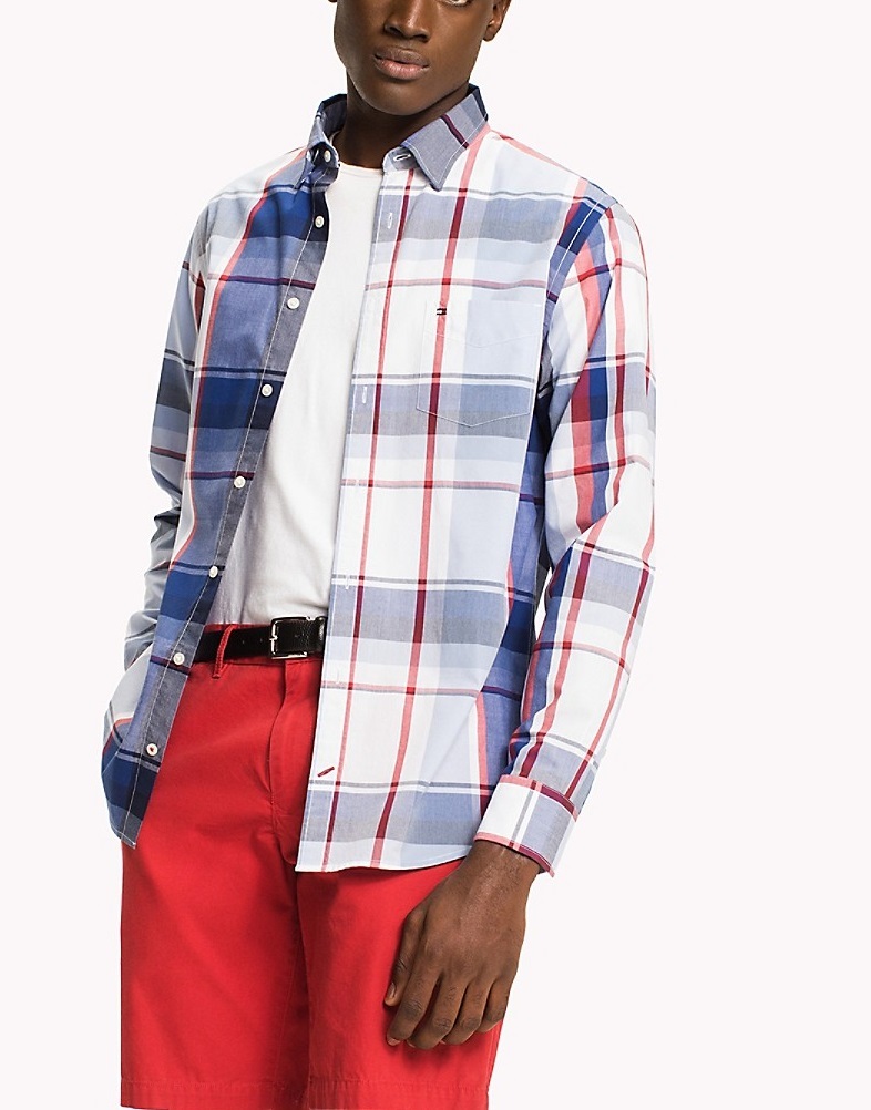 Áo sơ mi nam Tommy Hilfiger dài tay caro lớn trắng đỏ
