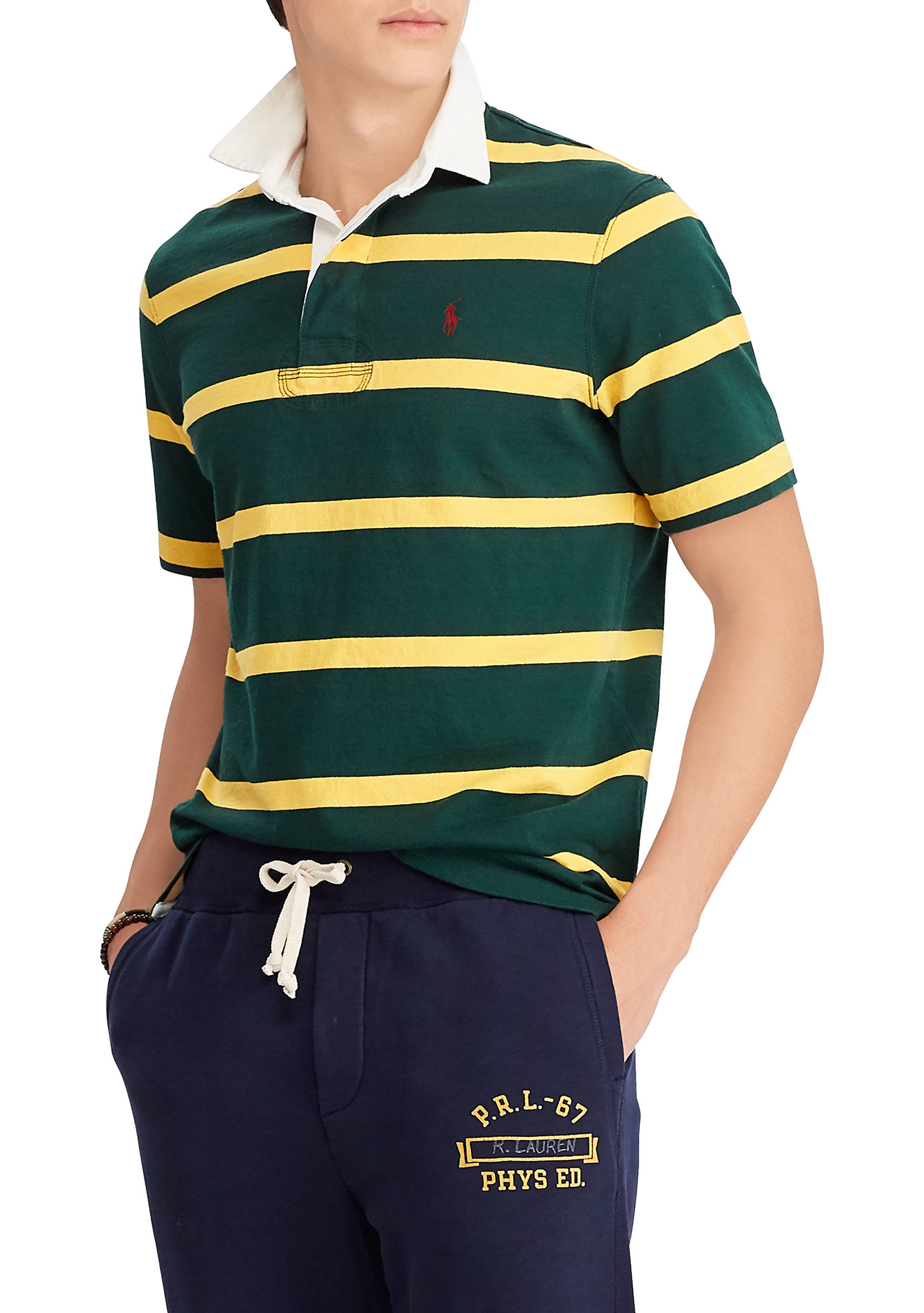 Áo thu nam Polo Ralph lauren xanh rêu sọc vàng with logo