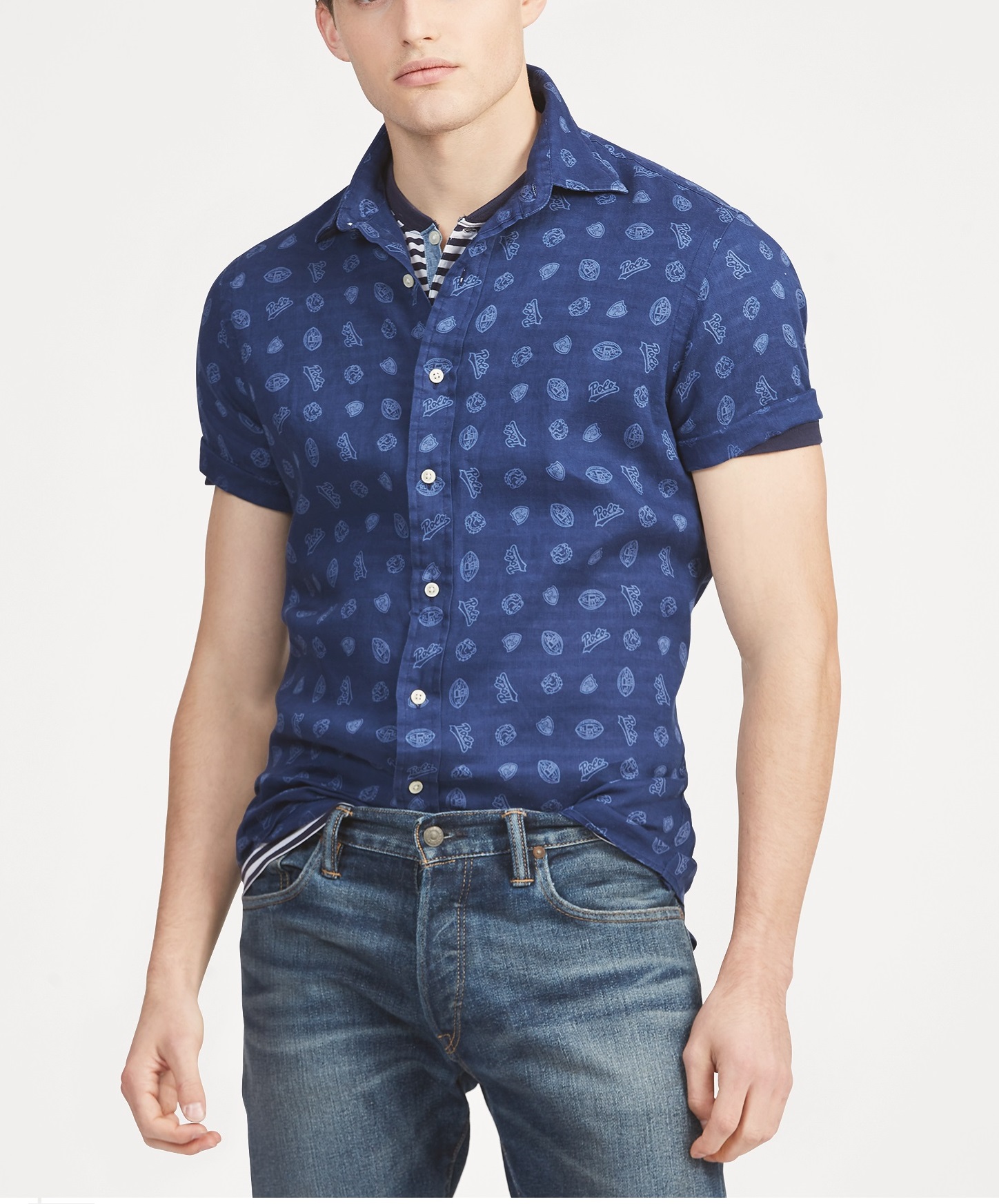 Áo sơ mi nam Polo Ralph lauren tay ngắn xanh phối trắng