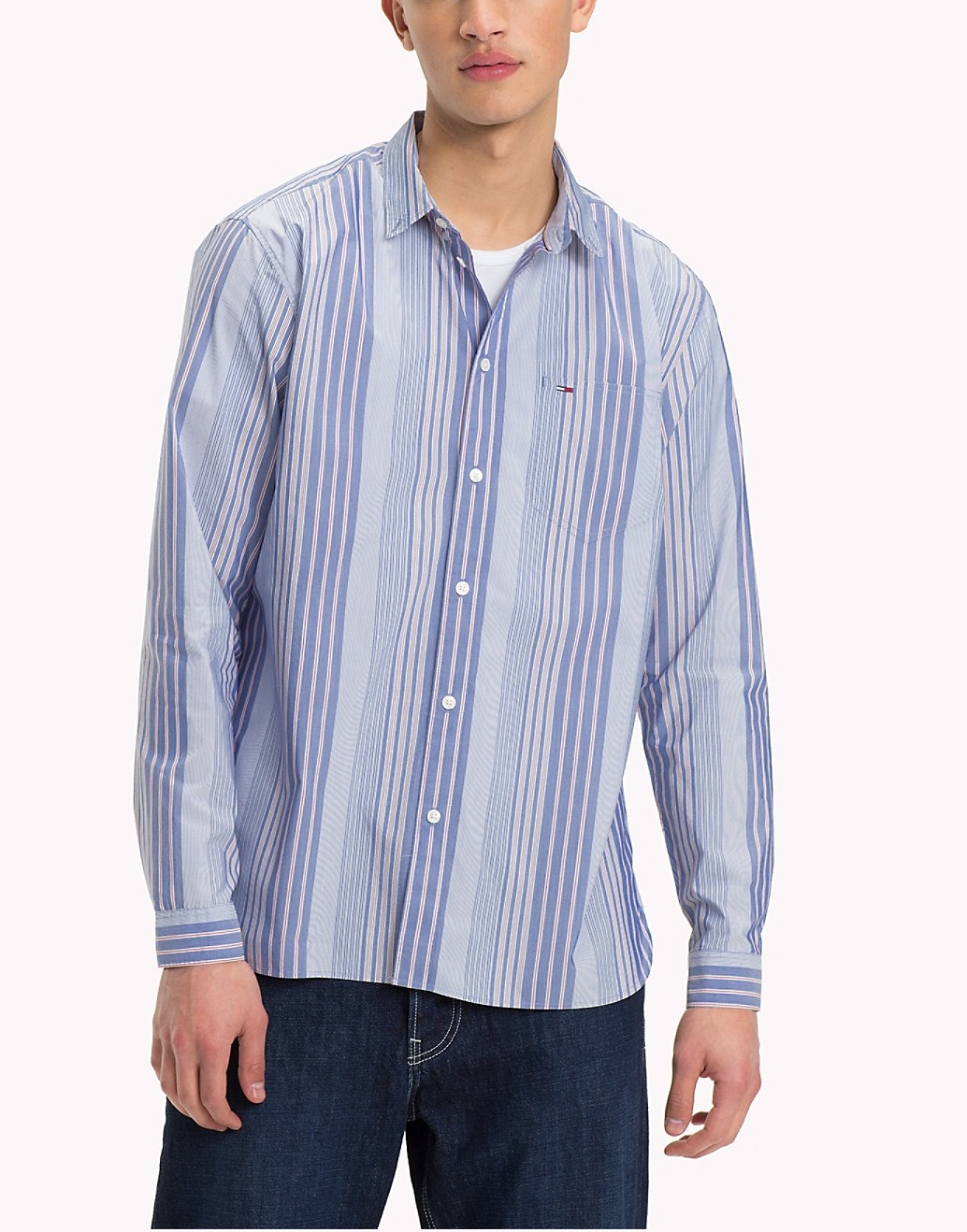 Áo sơ mi nam Tommy Jeans tay dài xanh môn sọc có túi