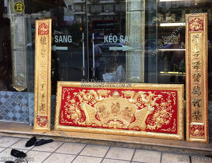 Bộ hoành phi câu đối chạm tay bằng đồng vàng cao cấp mạ phủ vàng ròng 24k