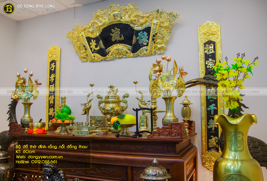bộ đồ thờ rồng phượng đúc nổi đồng vàng 