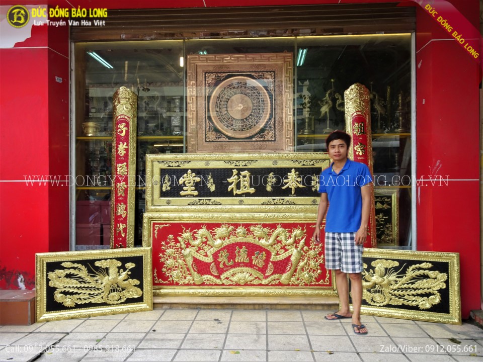 Bộ hoành phi câu đối đại tự bằng đồng, tranh chim phượng