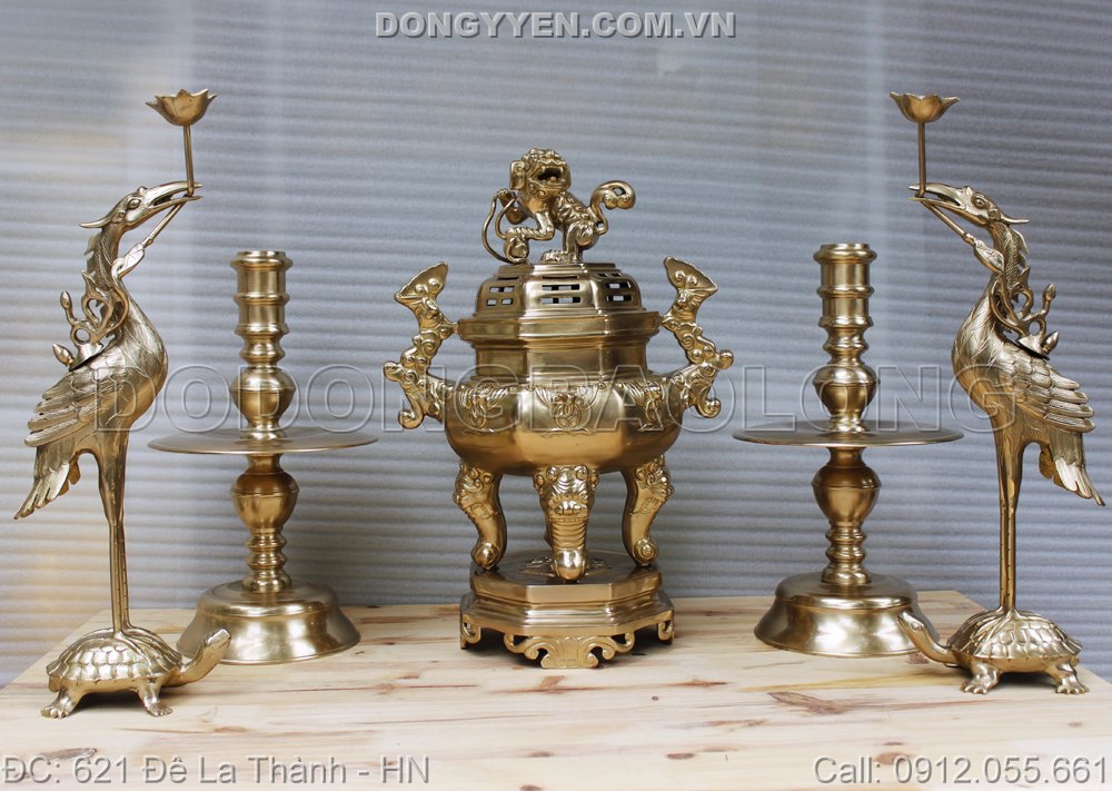 Bộ ngũ sự bát giác đúc thủ công bằng đồng thau, màu mộc