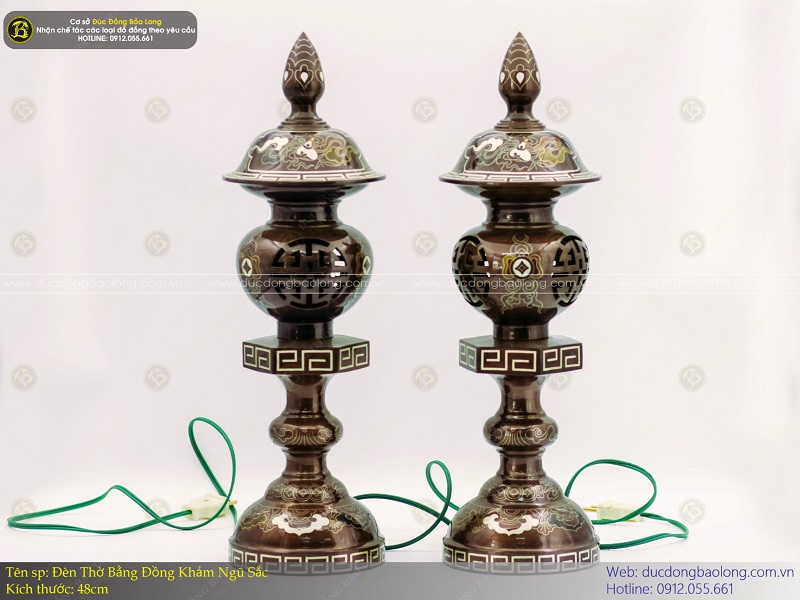 đèn thờ bằng đồng 48cm khảm ngũ sắc