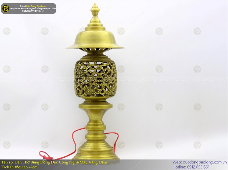 đèn thờ bằng đồng đúc công nghệ màu vàng đậm 42cm