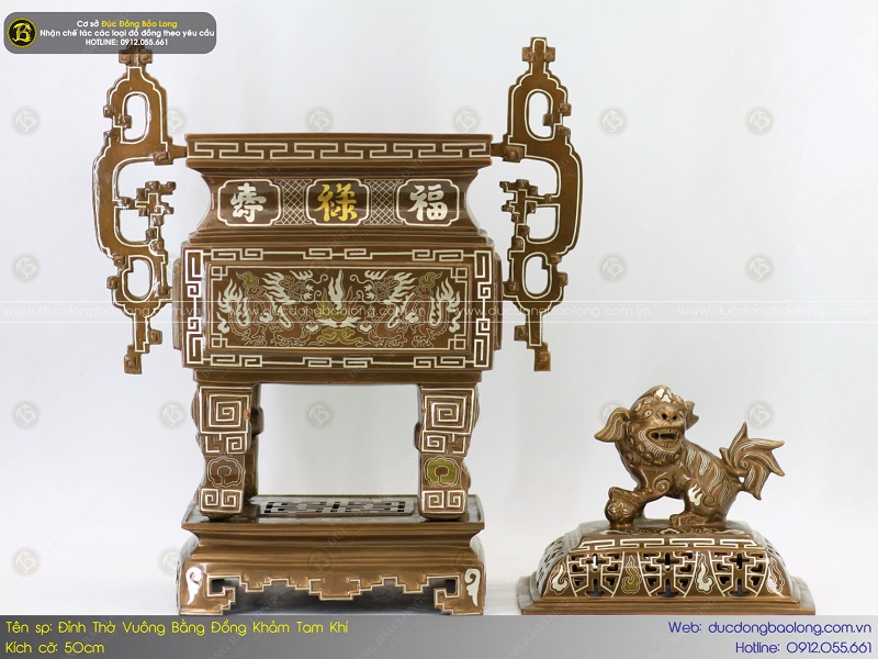 lư đỉnh tai chiện 50cm khảm tam khí