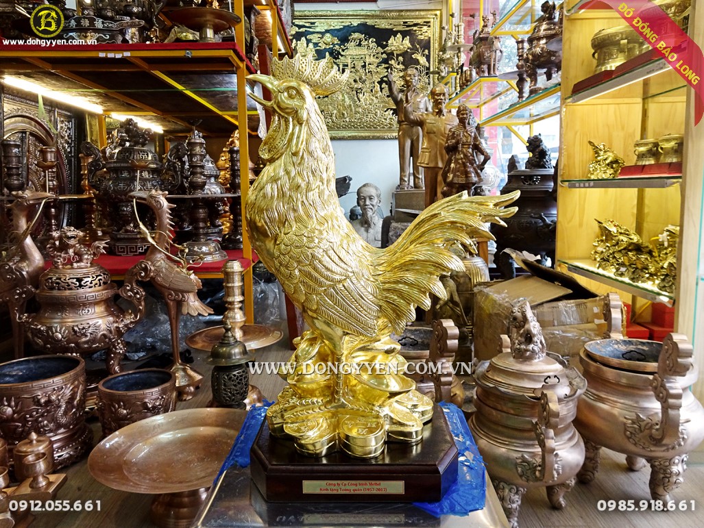 Gà phong thủy bằng đồng đỏ dát vàng 9999 cực đẹp