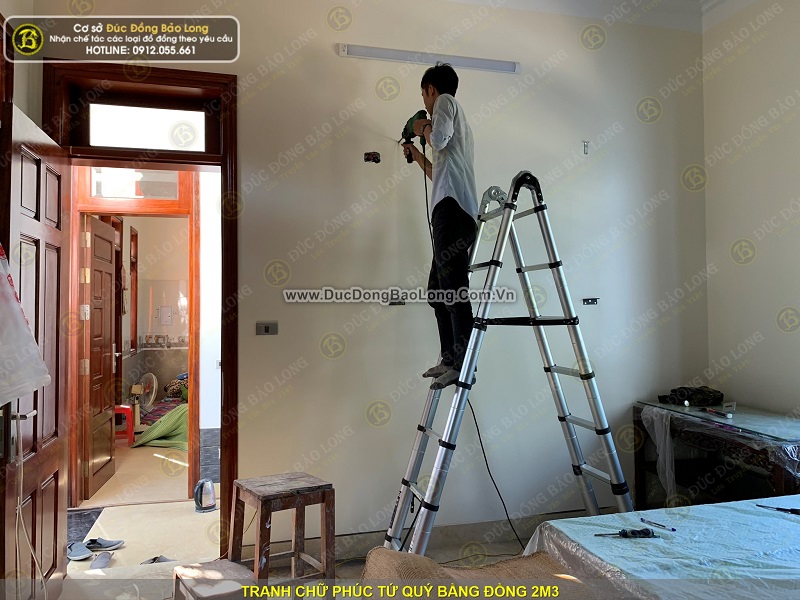 lắp đặt tranh chữ phúc tứ quý bằng đồng 2m3