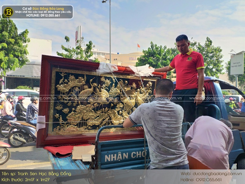 tranh sen hạc bằng đồng 2m17 x 1m27