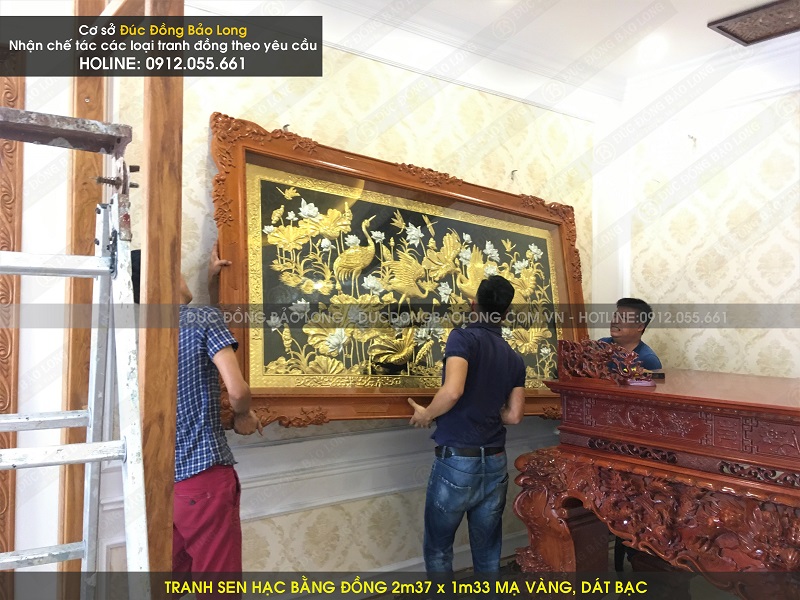 tranh hoa sen bằng đồng đẹp cho phòng làm việc