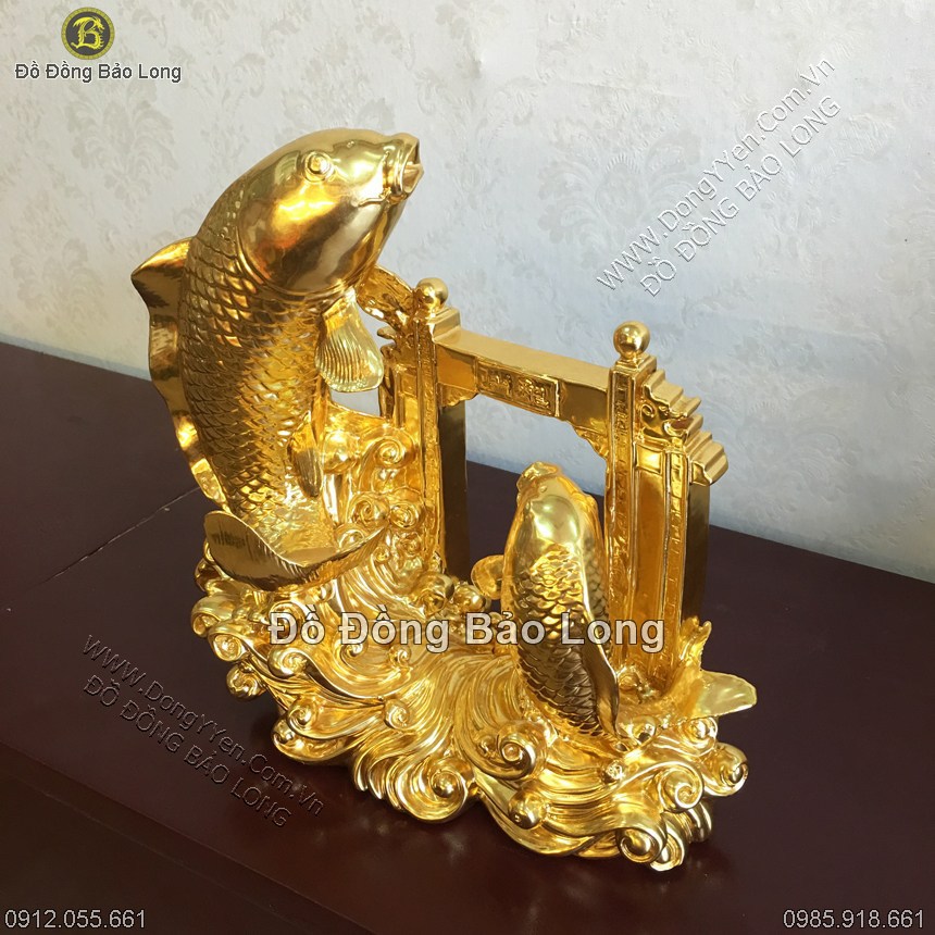 Tượng cá chép vượt vũ môn cao 27cm thếp vàng 9999 cao cấp