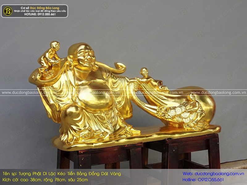 tượng phật di lặc kéo tiền bằng đồng 78cm dát vàng