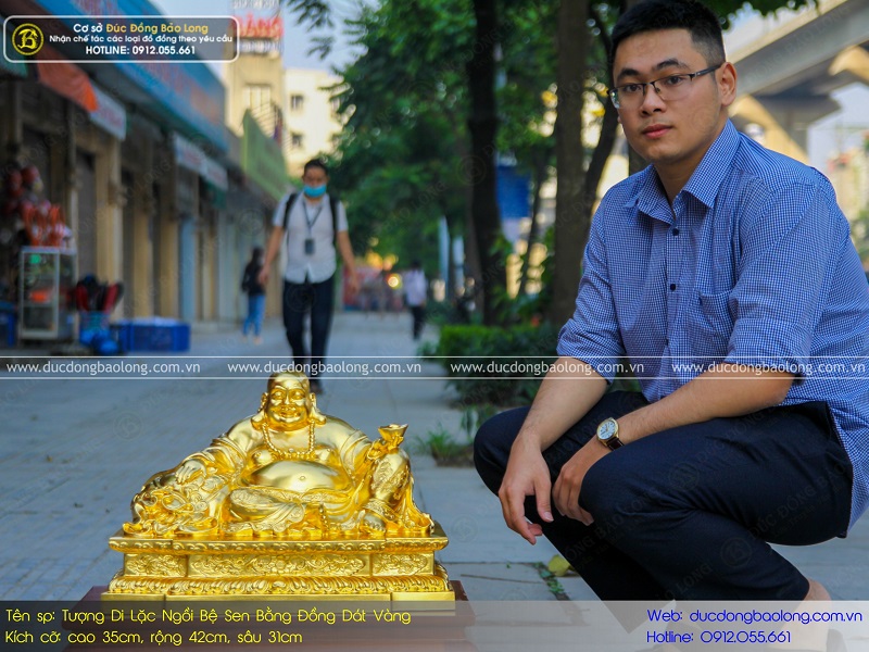 tượng phật di lặc ngồi bệ sen bằng đồng 35cm dát