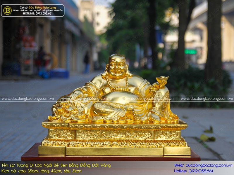 tượng phật di lặc ngồi bệ sen bằng đồng 35cm dát