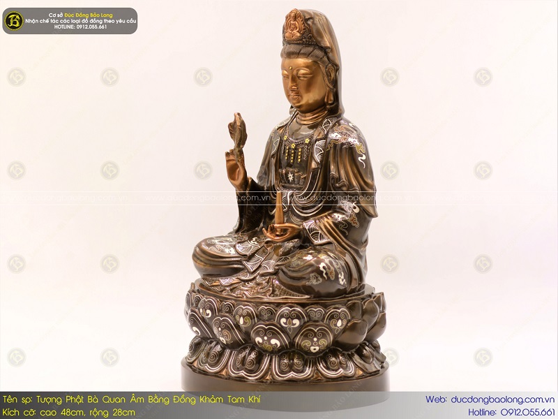 tượng phật quan âm bằng đồng 48cm khảm tam khí