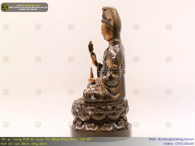 tượng phật quan âm bằng đồng 48cm khảm tam khí