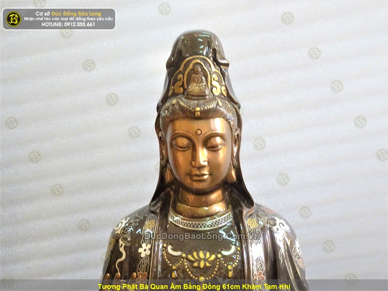 tượng phật bà quan âm bằng đồng 61cm khảm tam khí