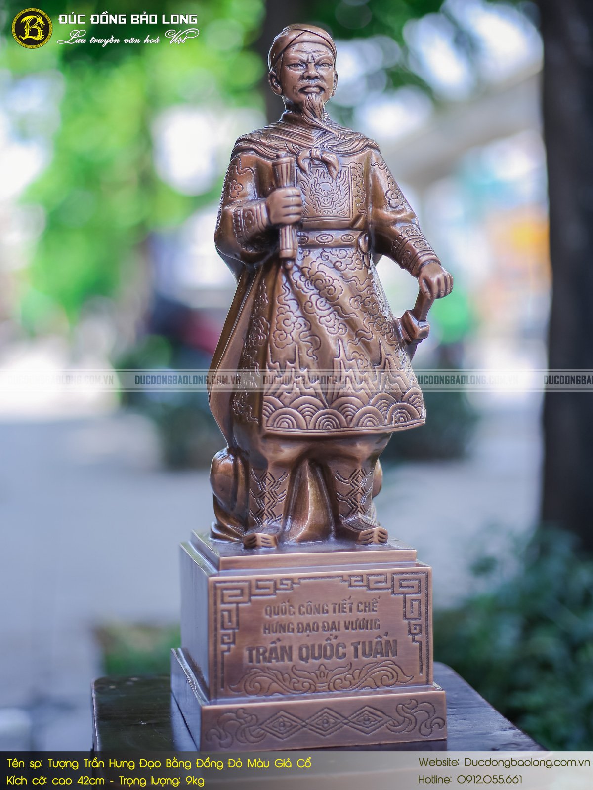 Tượng trần hưng đạo bằng đồng đỏ màu giả cổ cao 42cm