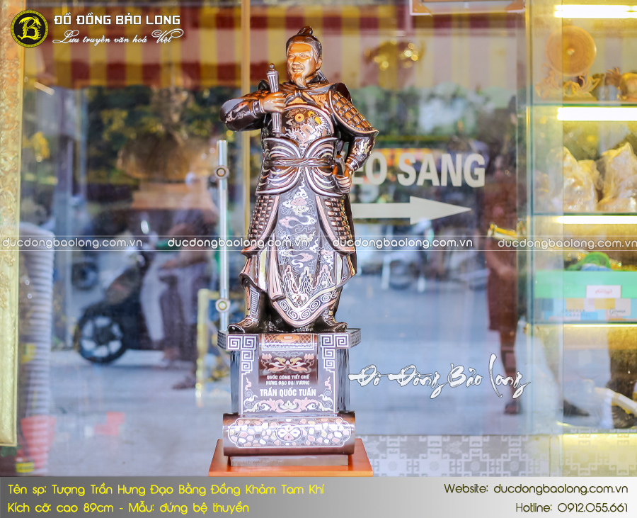Tượng trần hưng đạo đứng bệ thuyền bằng đồng khảm tam khí cao 89cm