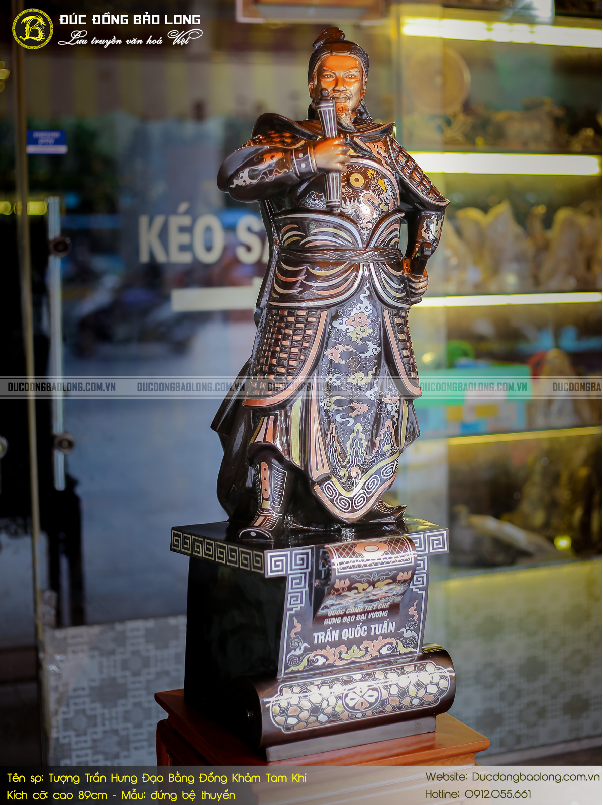 Tượng trần hưng đạo đứng bệ thuyền bằng đồng khảm tam khí cao 89cm