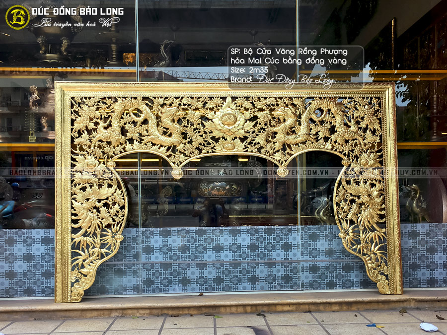 Bộ Cửa Võng Rồng Phượng Hóa Mai Cúc Bằng Đồng Vàng 2m35