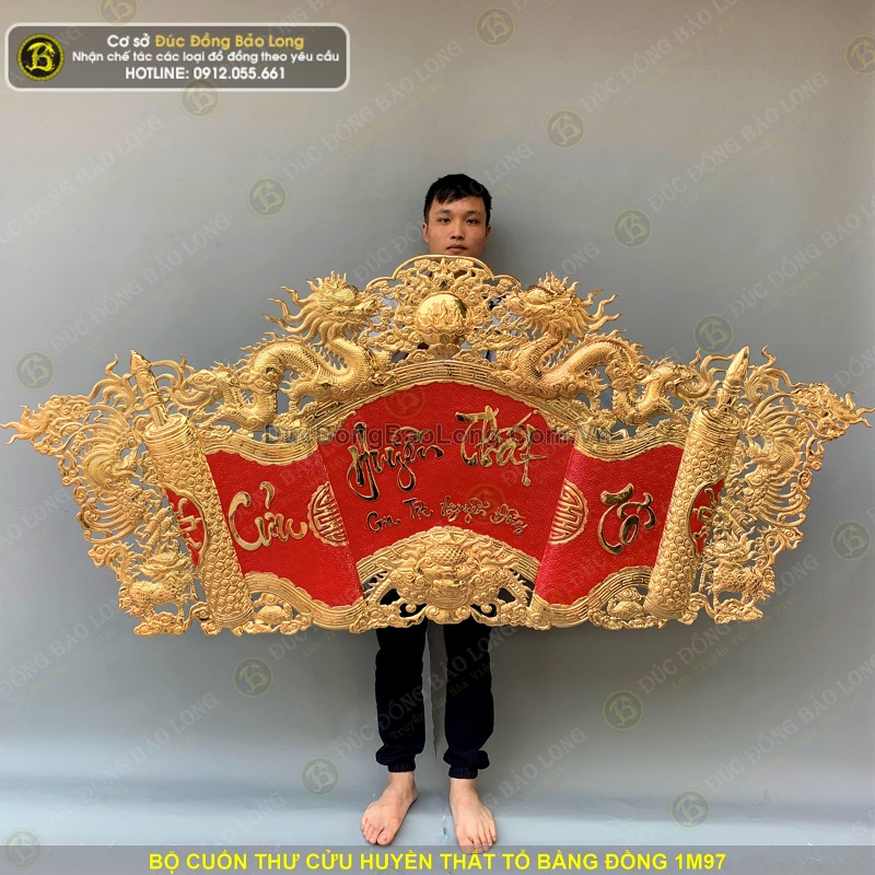 Bộ Cuốn Thư Cửu Huyền Thất Tổ Bằng Đồng 1m97 Mạ Vàng 24k