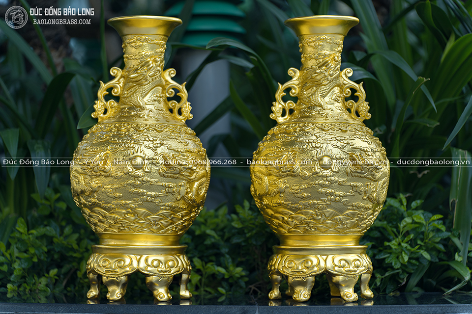 Đôi Lọ Hoa Ngũ Long Bằng Đồng Dát Vàng 9999 Cao 61Cm Dát Vàng 9999