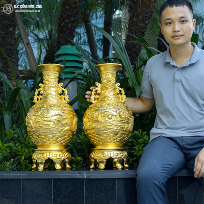 Đôi Lọ Hoa Ngũ Long Bằng Đồng Dát Vàng 9999 Cao 61Cm Dát Vàng 9999