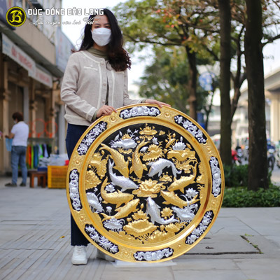 Mâm Đồng Cửu Ngư Quần Tụ Dát Vàng Bạc Đường Kính 1m