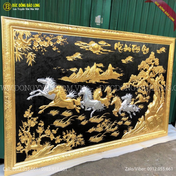 Tranh Bát Mã Khung Đồng Mạ Vàng Dát Bạc 1m97 x 1m27