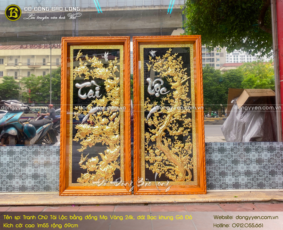 Đôi tranh chữ Tài Lộc mạ vàng dát bạc khung gỗ đỏ 1m55