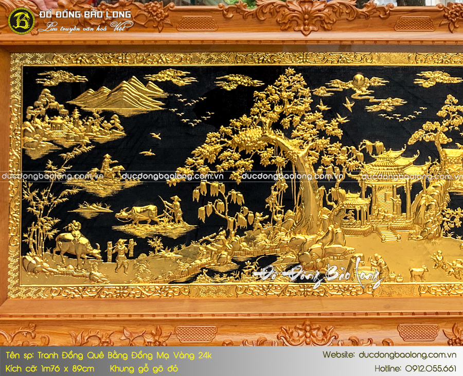 Tranh Đồng Quê bằng đồng mạ vàng 1m76 x 89cm khung gỗ gõ đỏ