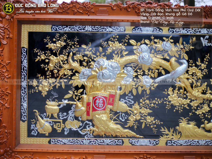 Tranh Vinh Hoa Phú Quý bằng đồng dát vàng, bạc khung gõ đỏ 2m39x1m35