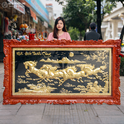Tranh Bát Mã mạ vàng 24k khung gỗ hương 2m03 x 1m13