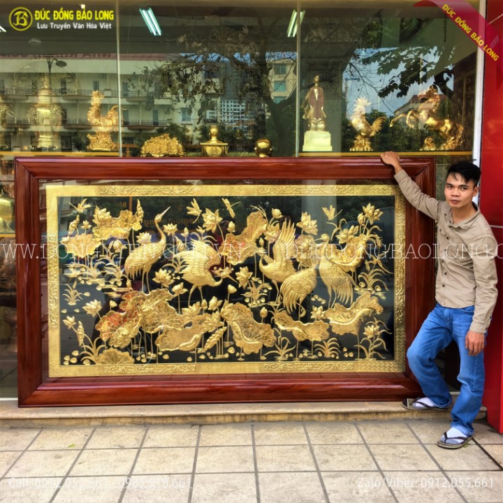 Tranh Đồng Sen Hạc 2m62 Mạ Vàng 24k