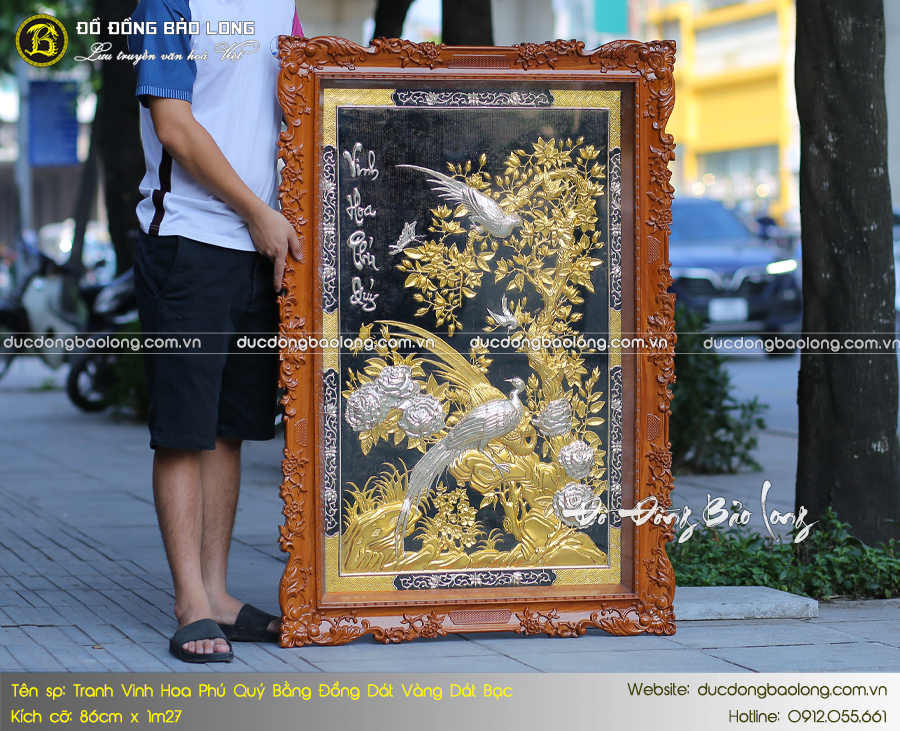 Tranh Vinh Hoa Phú Quý bằng đồng dát vàng dát bạc 86cm x 1m27