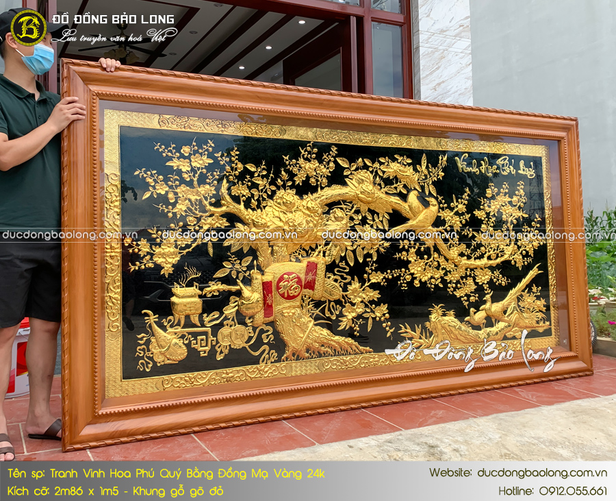 Tranh Vinh Hoa Phú Quý bằng đồng mạ vàng 24k khung gỗ gõ đỏ 2m86 x 1m5