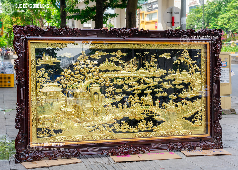 Tranh Vinh Quy Bái Tổ Bằng Đồng 2m62 x 1m55 Khung Gỗ Gụ