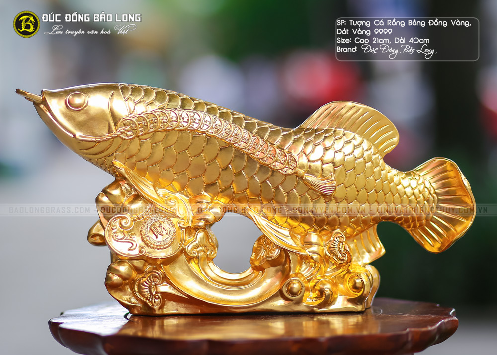Tượng Cá Rồng Bằng Đồng Dát Vàng 9999 Cao 40cm Đẹp