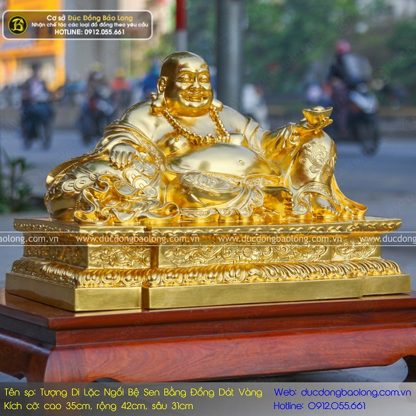 Tượng Phật Di Lặc Ngồi Bệ Sen Bằng Đồng 35cm Dát Vàng 9999