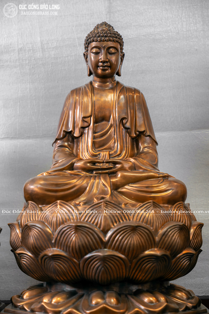 Tượng Phật A Di Đà Bằng Đồng Đỏ Cao 81Cm Màu Trầm Cổ