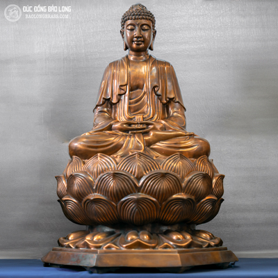 Tượng Phật A Di Đà Bằng Đồng Đỏ Cao 81Cm Màu Trầm Cổ